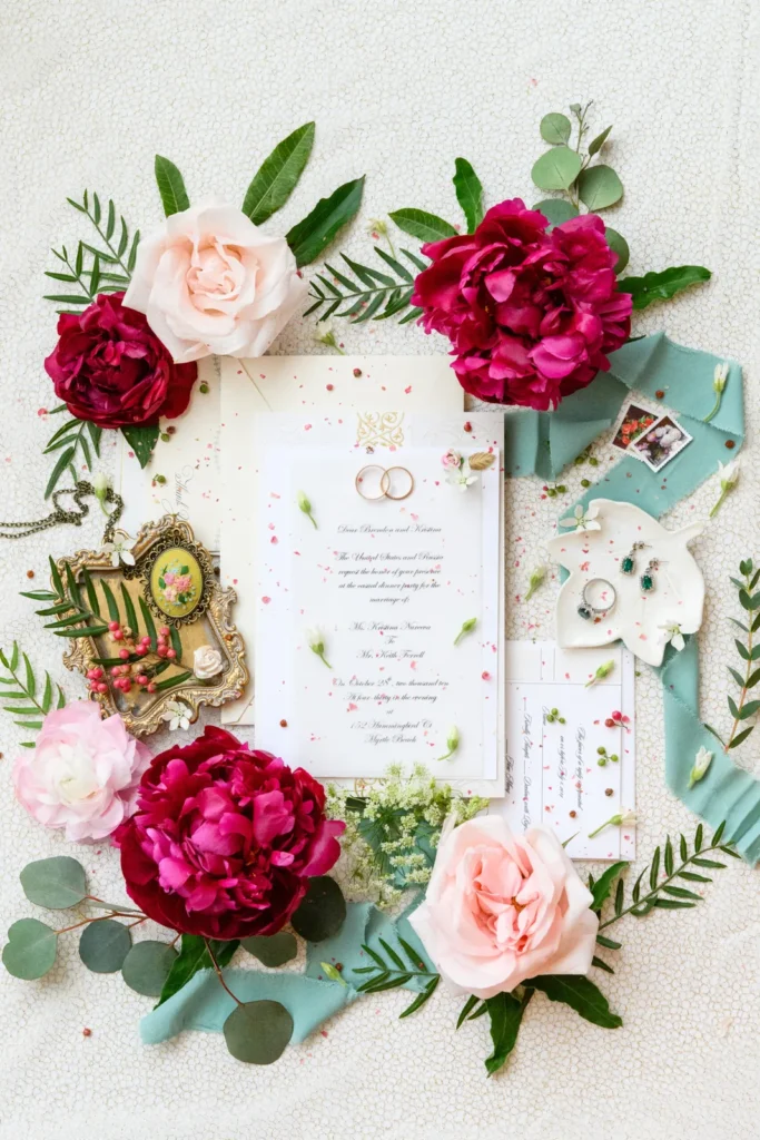Wedding invitation flat lay with rings, ribbon, and pink and red garden roses