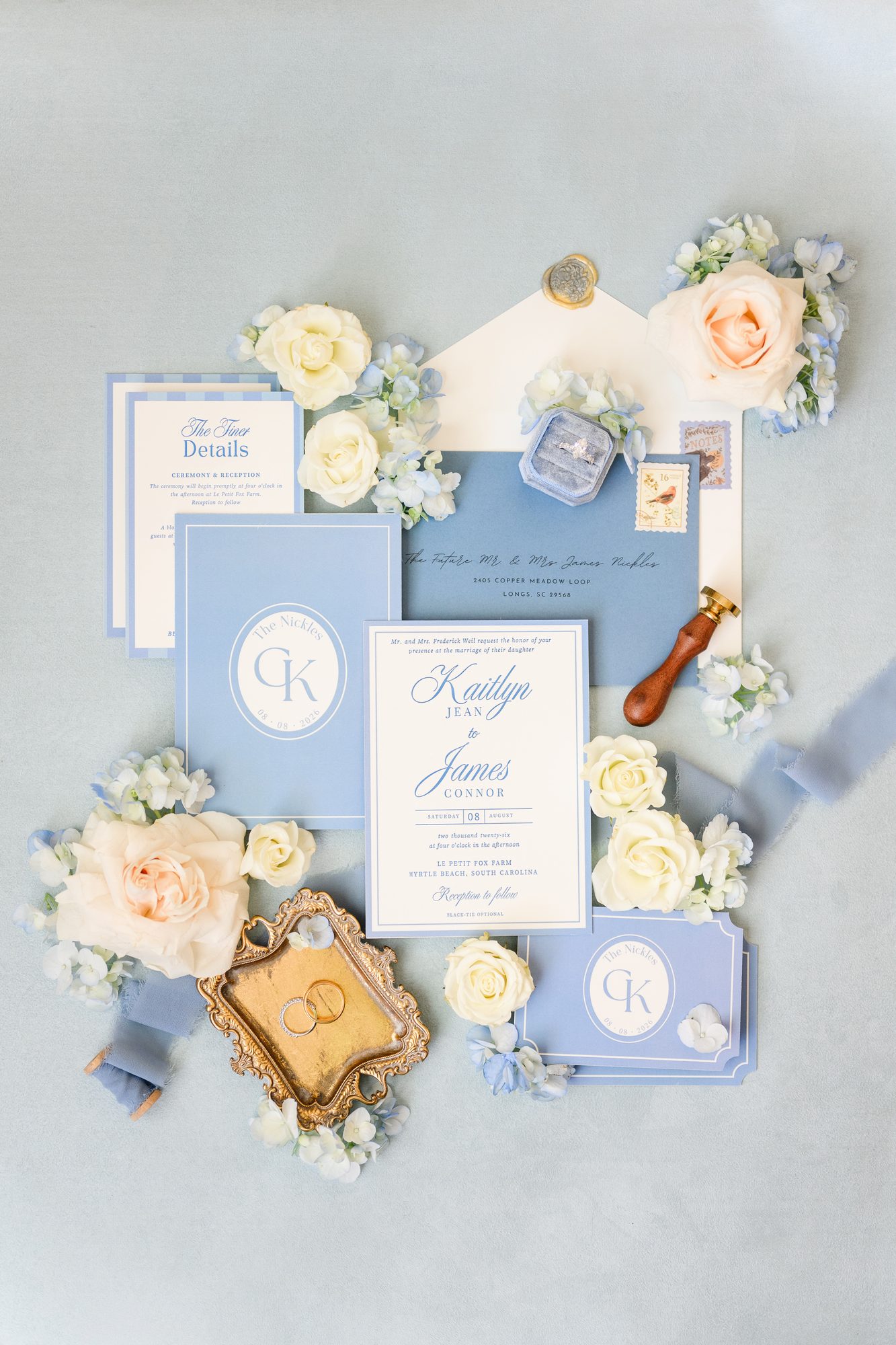 Dusty blue wedding invitation suite with roses and gold rings, Myrtle Beach wedding
